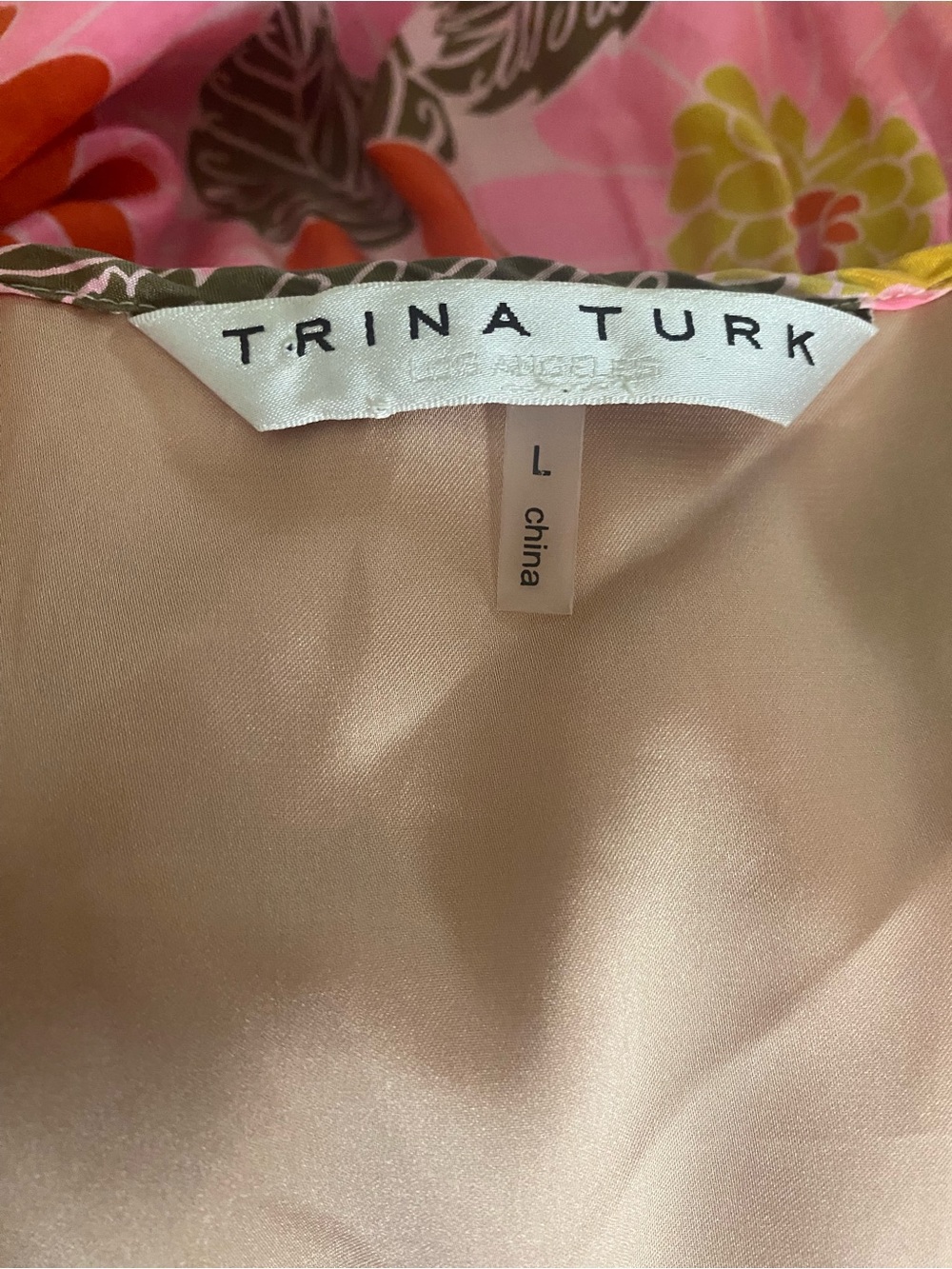 Trina Turk Mahalo Dress 100% Silk Tiered Elastic Waist - Size L - Picture 10 of 11